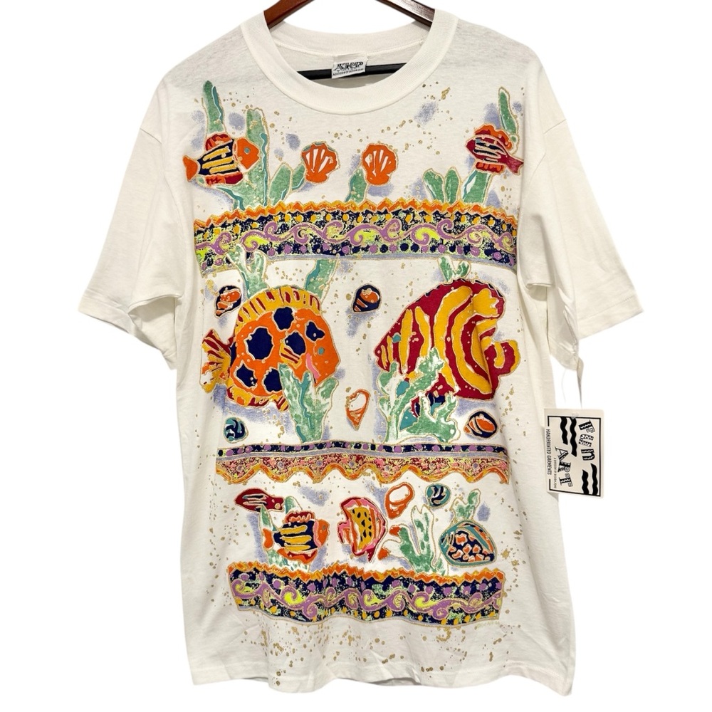 VTG Fun Art NWT Ocean Novelty Print Oversized Tee 90s USA Metallic One Size